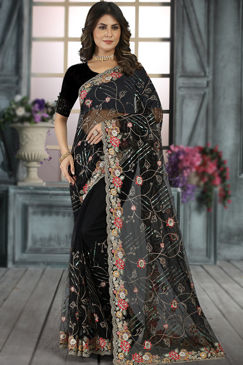 Wedding Wear Dark Black Net Embroidered Saree
