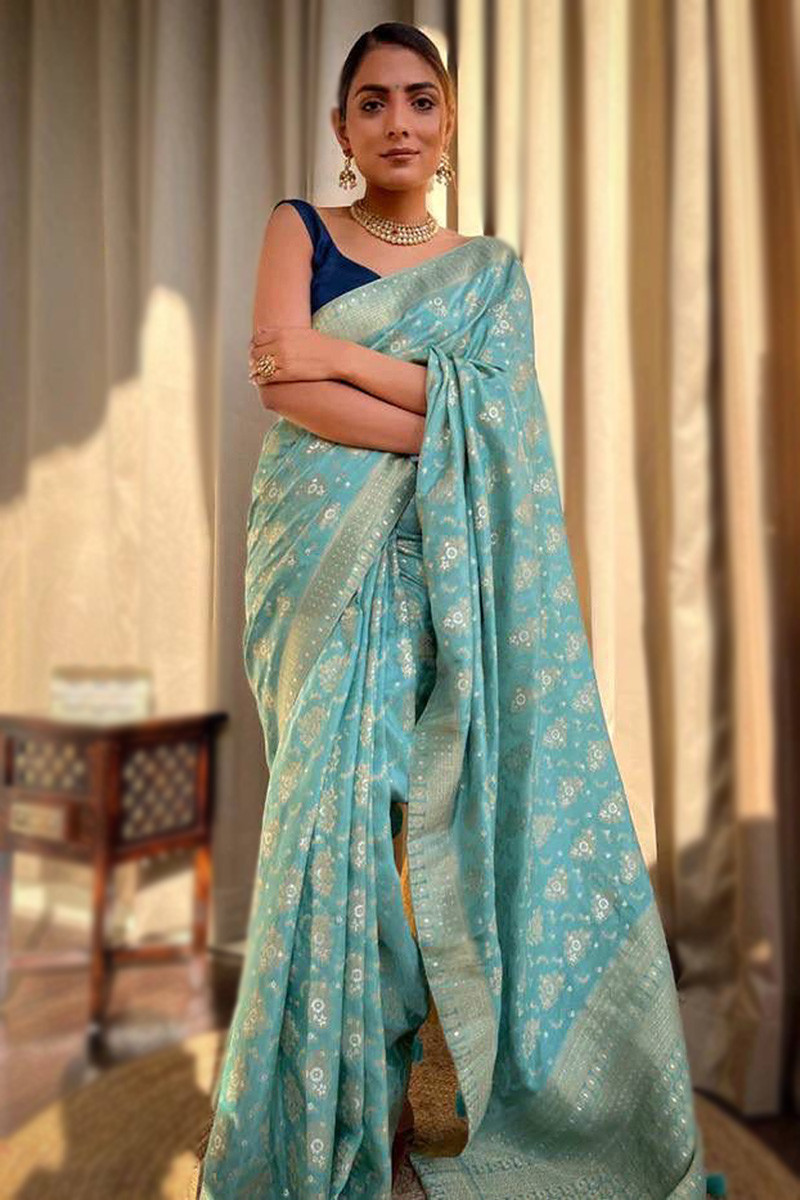 Light blue wedding online saree