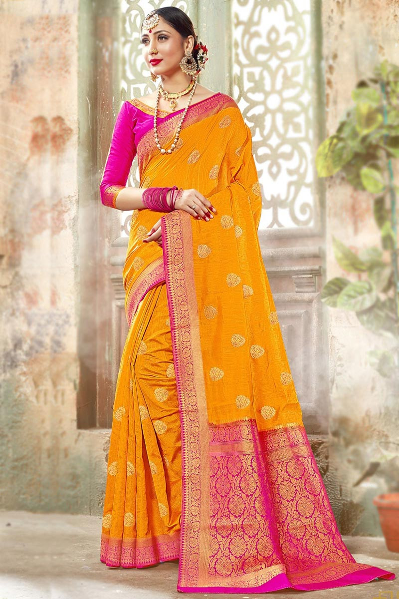 Yellow designer woven silk wedding bridal saree for women traditional  uppada saree | Party wear sarees, Indian fashion, Saree designs