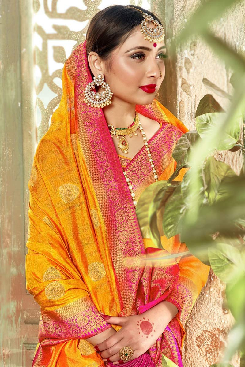 Yellow Banarasi Dola Silk Saree with Embroidery Work - Urban Womania