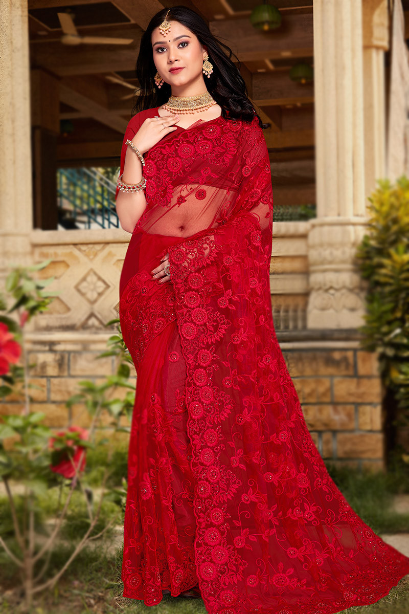 Wedding Wear Net Red Embroidered Saree