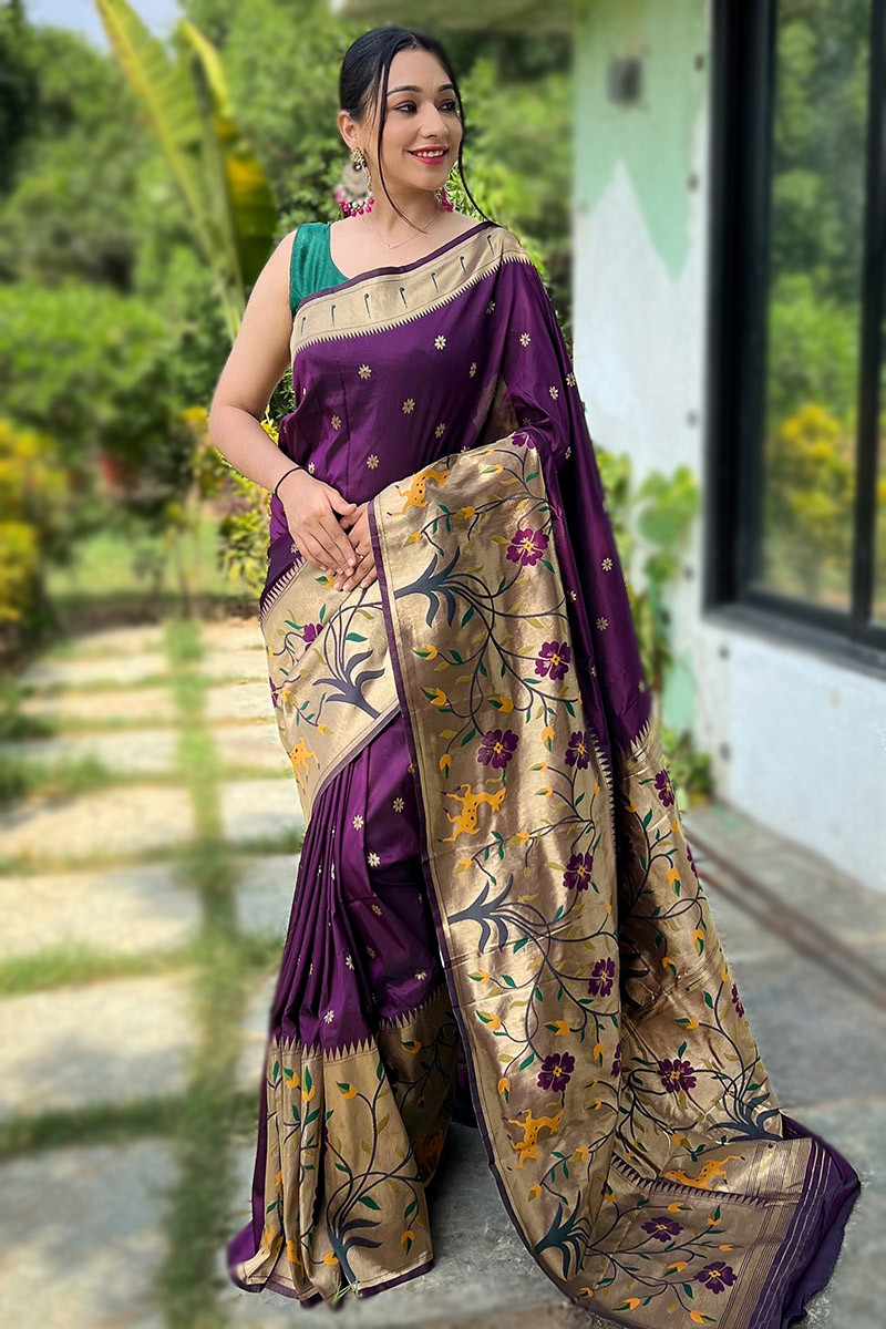 Wedding Wear Paithani Silk Purple Weaved Zari Saree