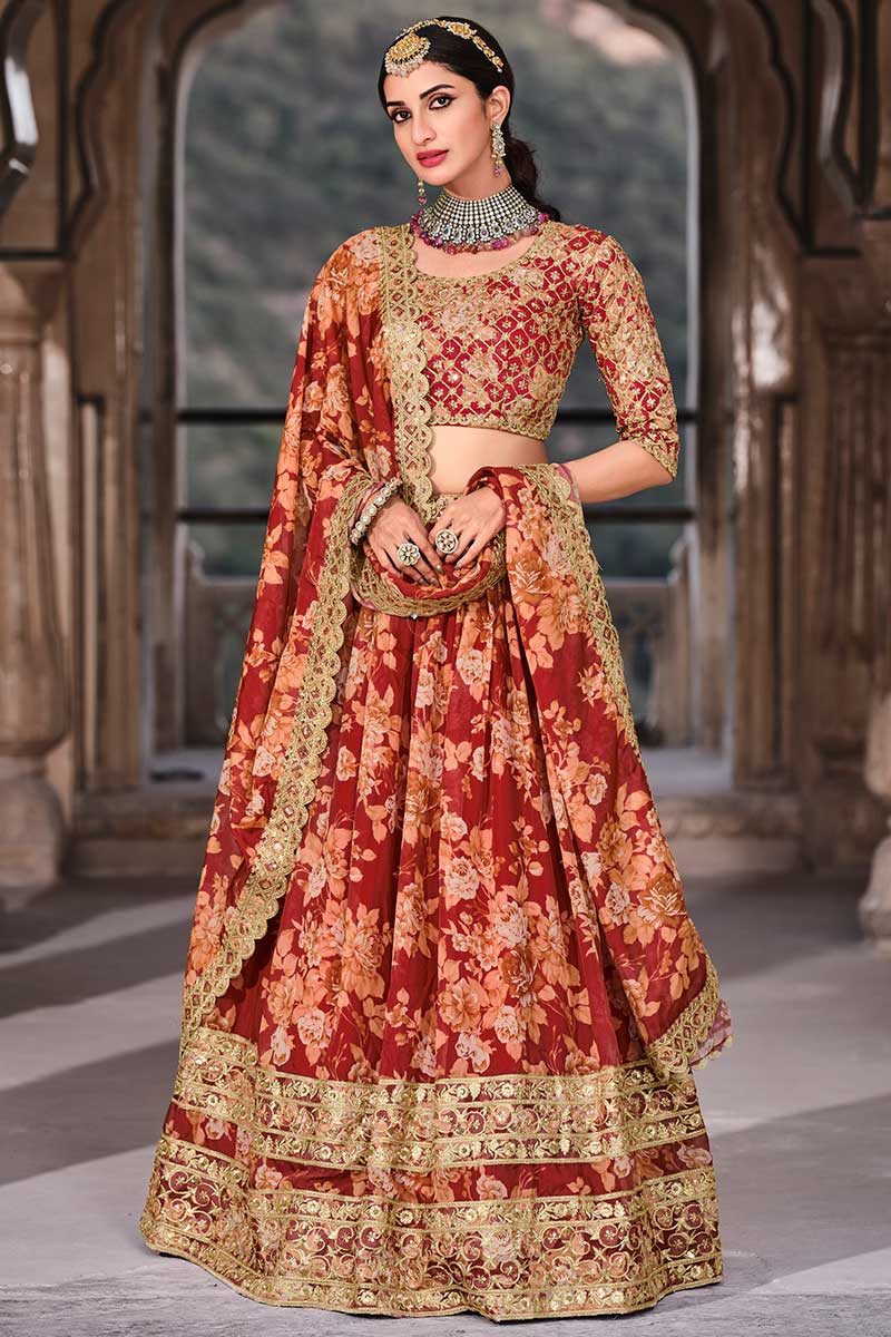 Red Embroidered And And Foil Printed Lehenga Set