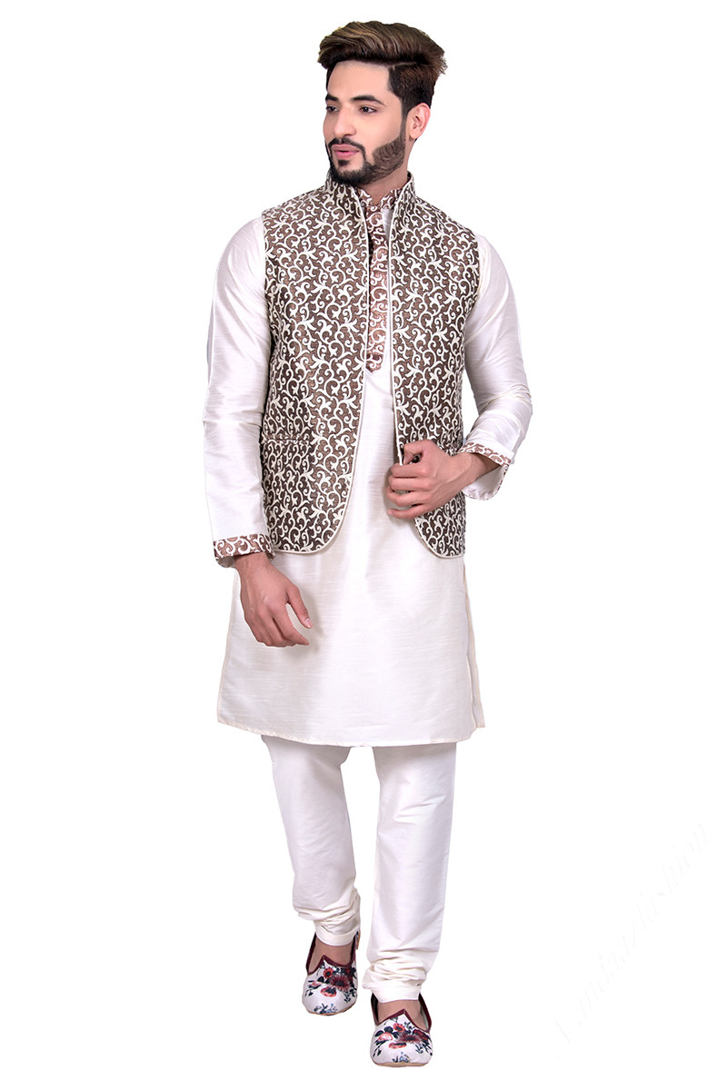White Churidar Art Silk Men Kurta Pajama for Party