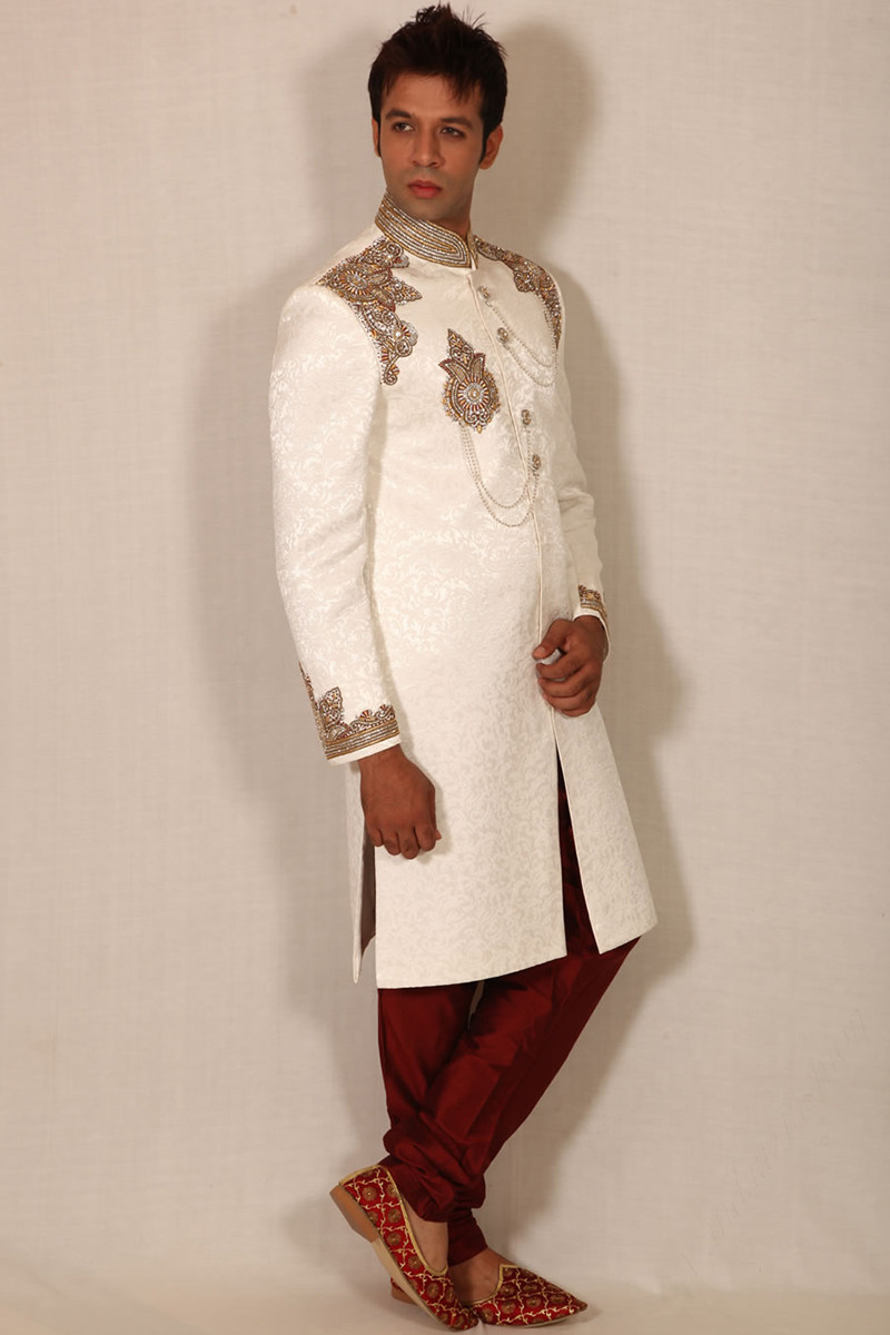 White Brocade Side Slit Men Sherwani