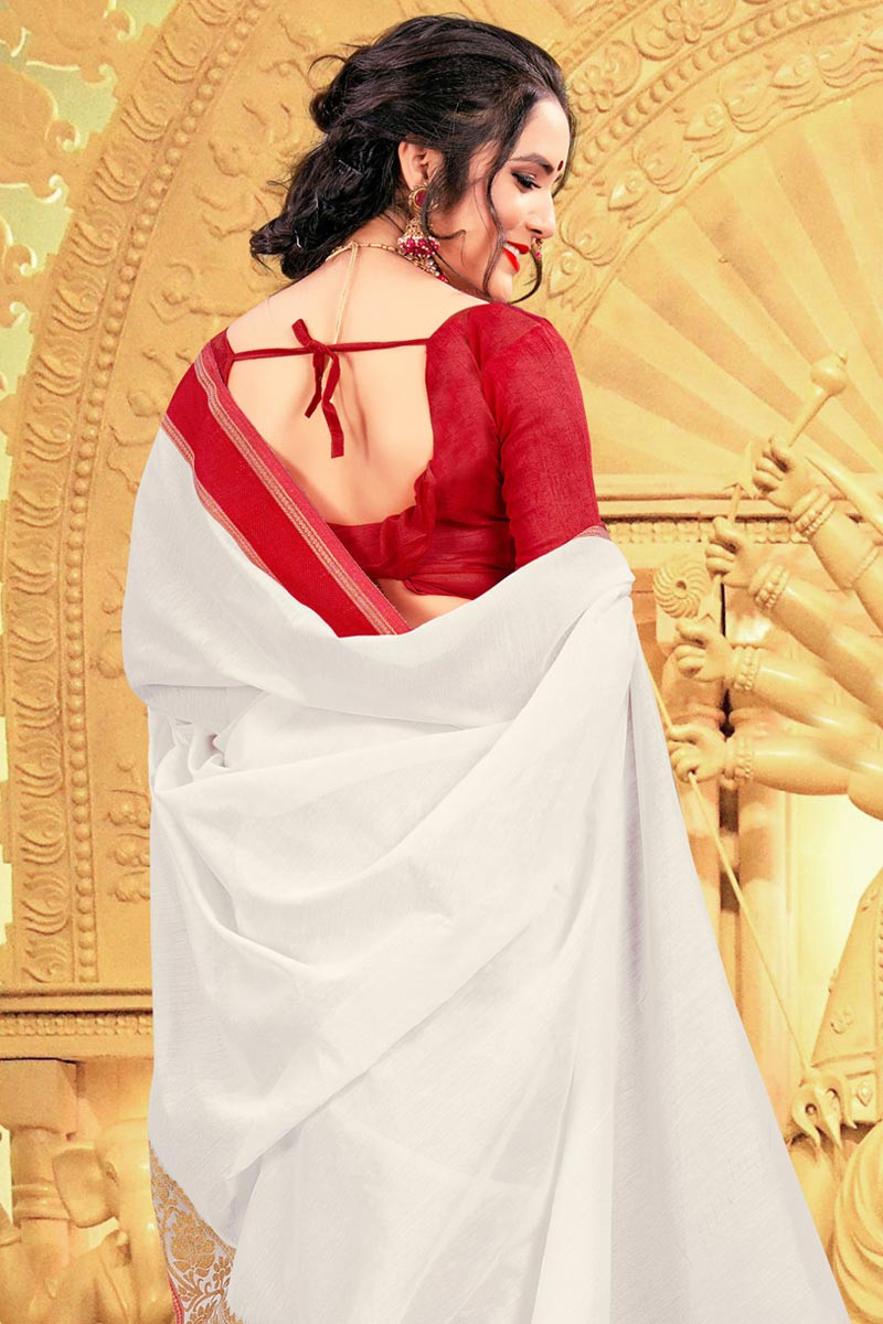 Buy Bollywood Model White and Red Bengali saree in UK, USA and Canada |  Cotton saree blouse designs, Bengali saree, Saree designs