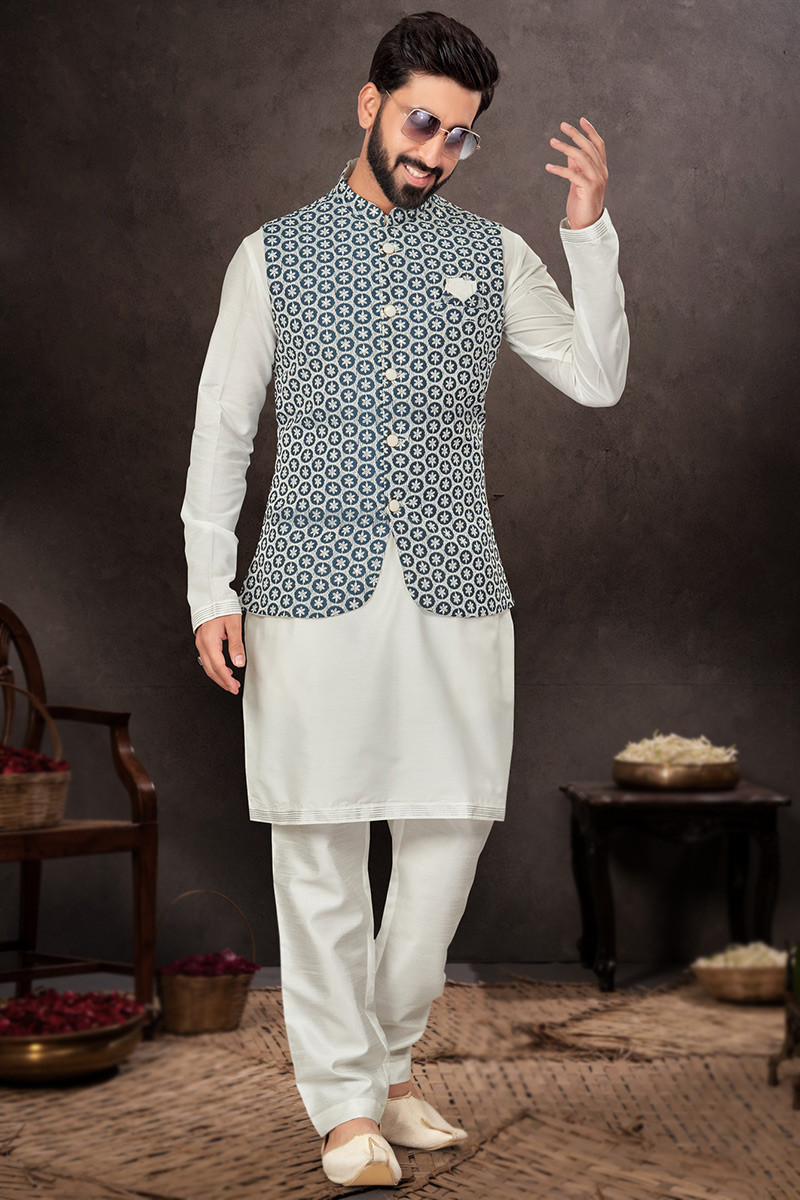 White Cotton Men s Kurta Pajama With Embroidered Jacket