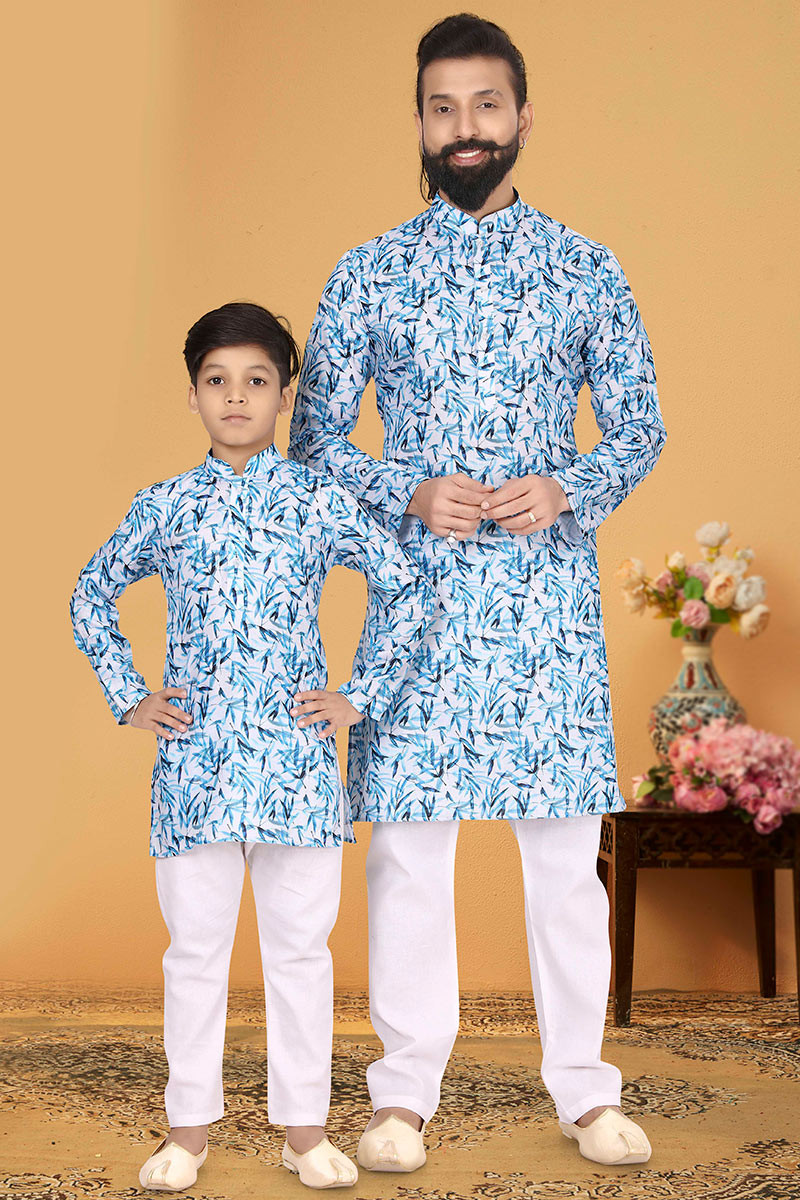 white cotton printed father son duo kurta pajama mkpa02245 1