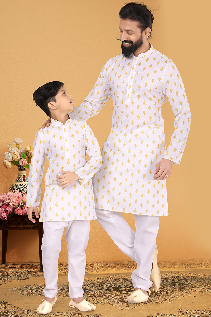 New Arrival White Cotton Printed Father Son Duo Kurta With Churidar MKPA03029