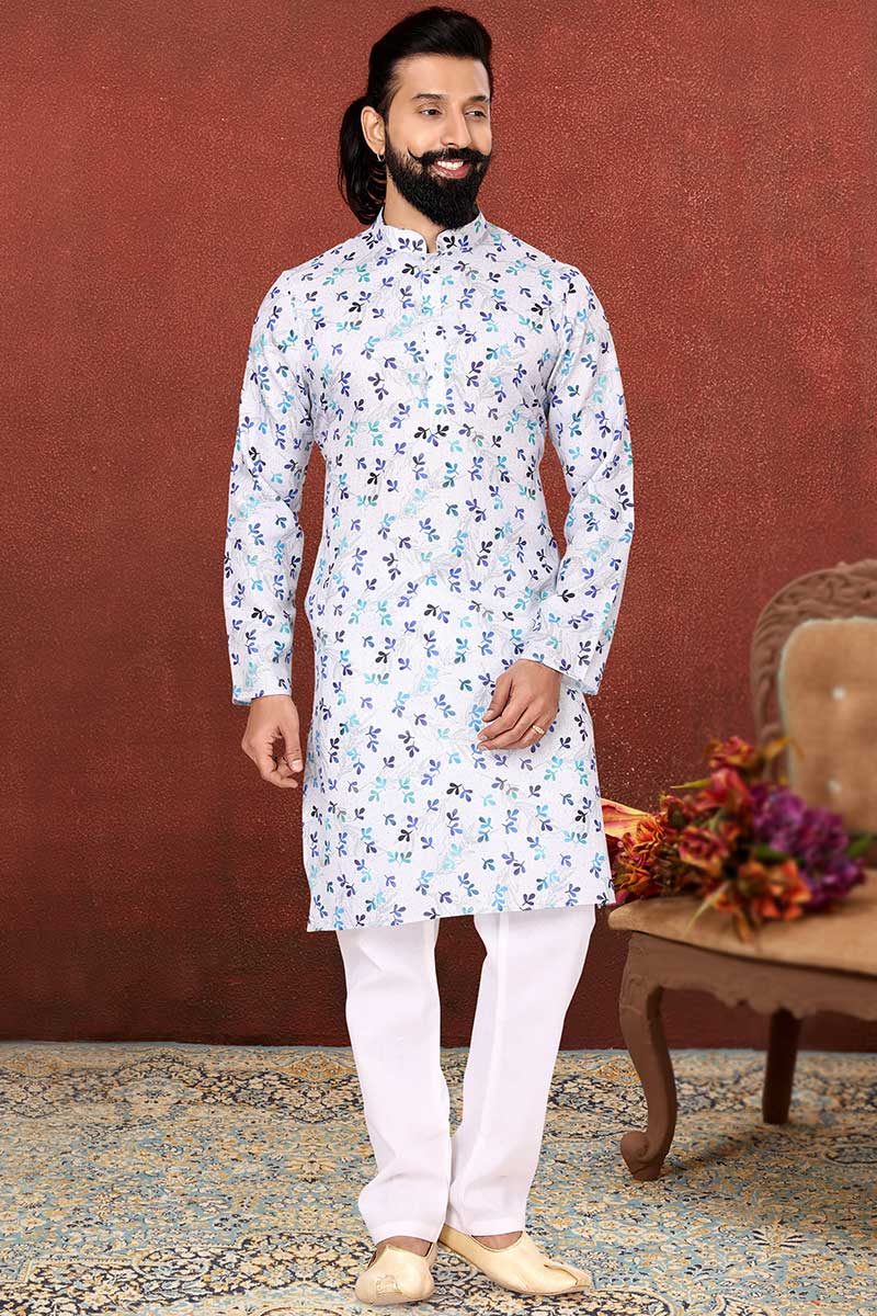 Printed Sangeet Men Kurta Pajama in Yellow Dupion Silk