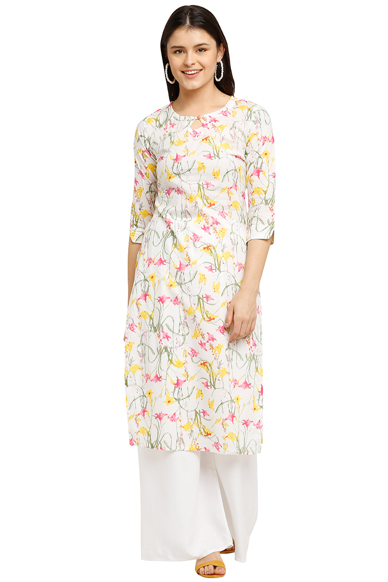 Kurti in Cotton White with Printed for Party 