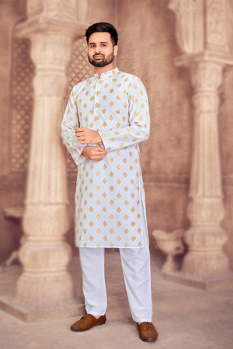White Cotton Straight Cut Men s Kurta Pajama
