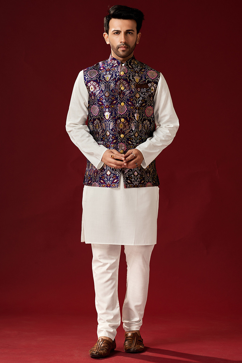 White Cotton Weaved Zari Men Kurta Pajama With Waist Coat