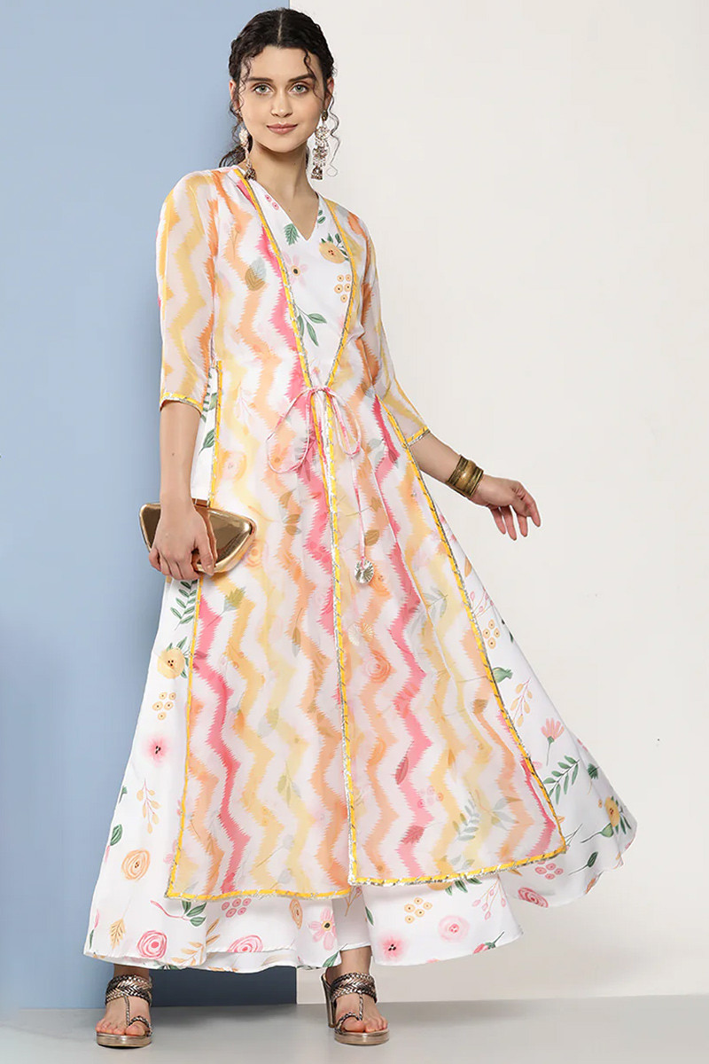 White Crepe Jacket Style Printed Kurti