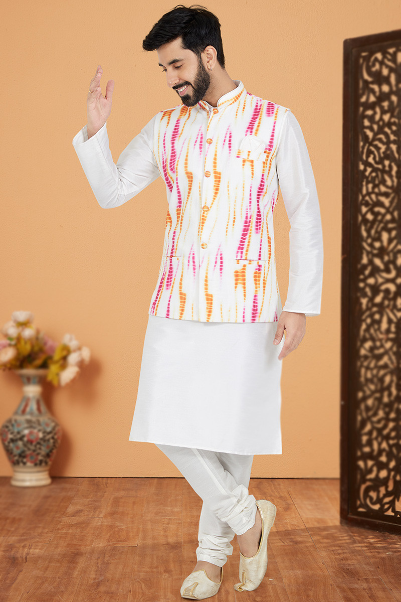 White Dupion Silk Men s Kurta Churidar With Printed Waistcoat MKPA05025