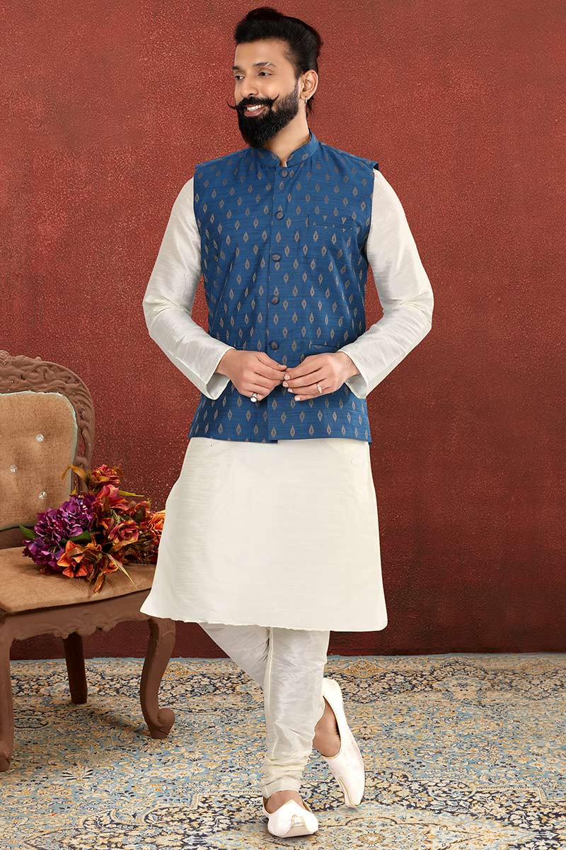 Buy Indian Long Suits Dupion Silk White Men Kurta Churidar With