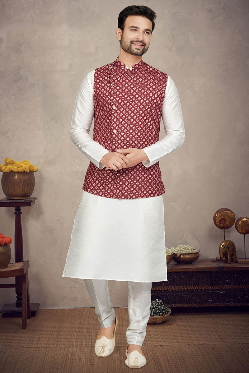 White Dupion Silk Printed Jacket Style Men s Kurta Pajama MKPA05464