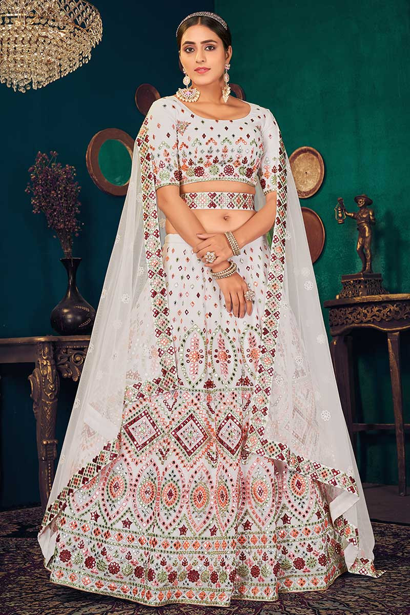 Buy Beige Fish-Cut Trail Lehenga Set With Hand Work Pearl Embroidery And 3D  Floral Motifs