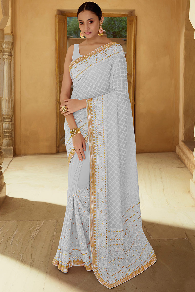 Party wear chikankari saree sales