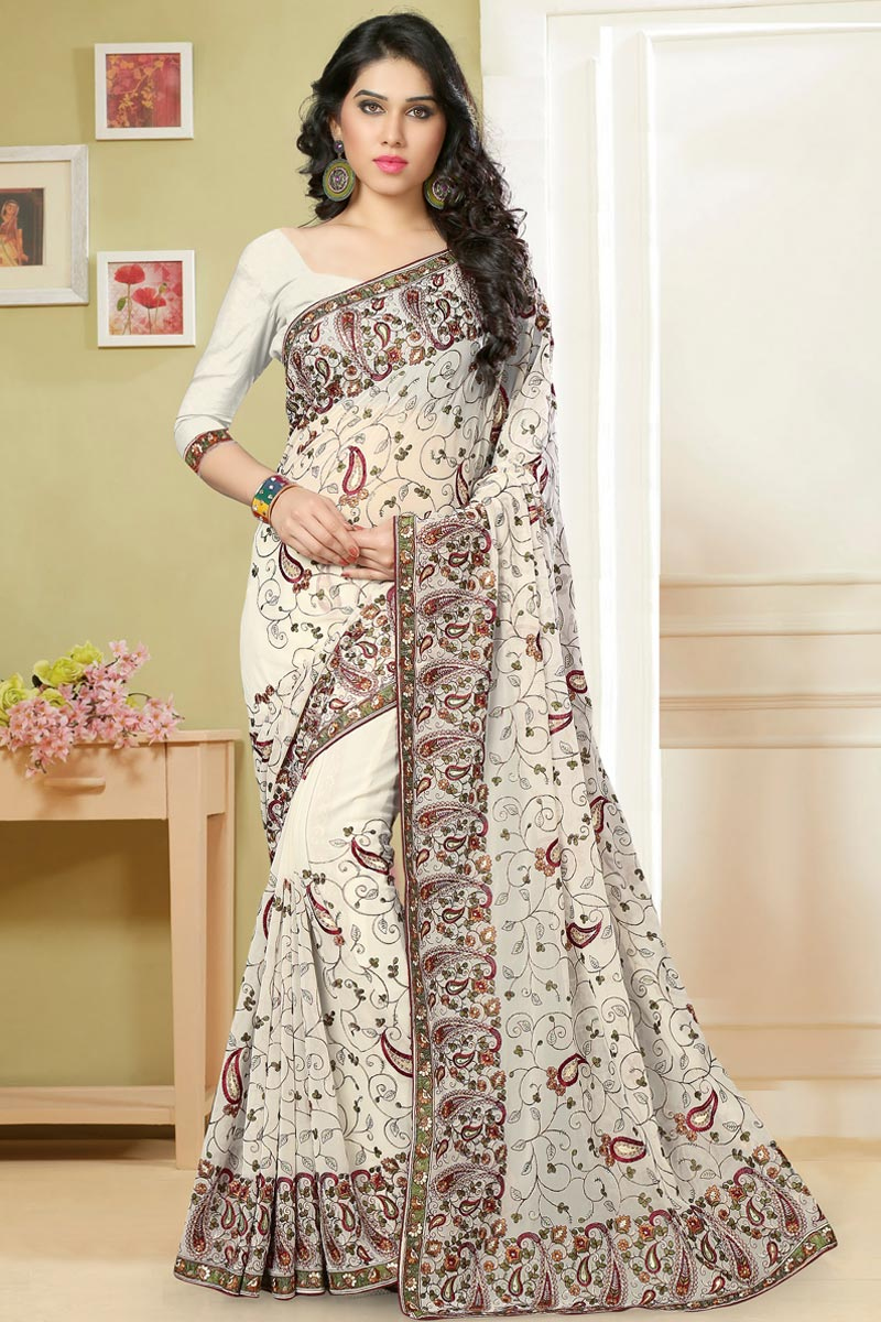 White Georgette Saree With Georgette Blouse