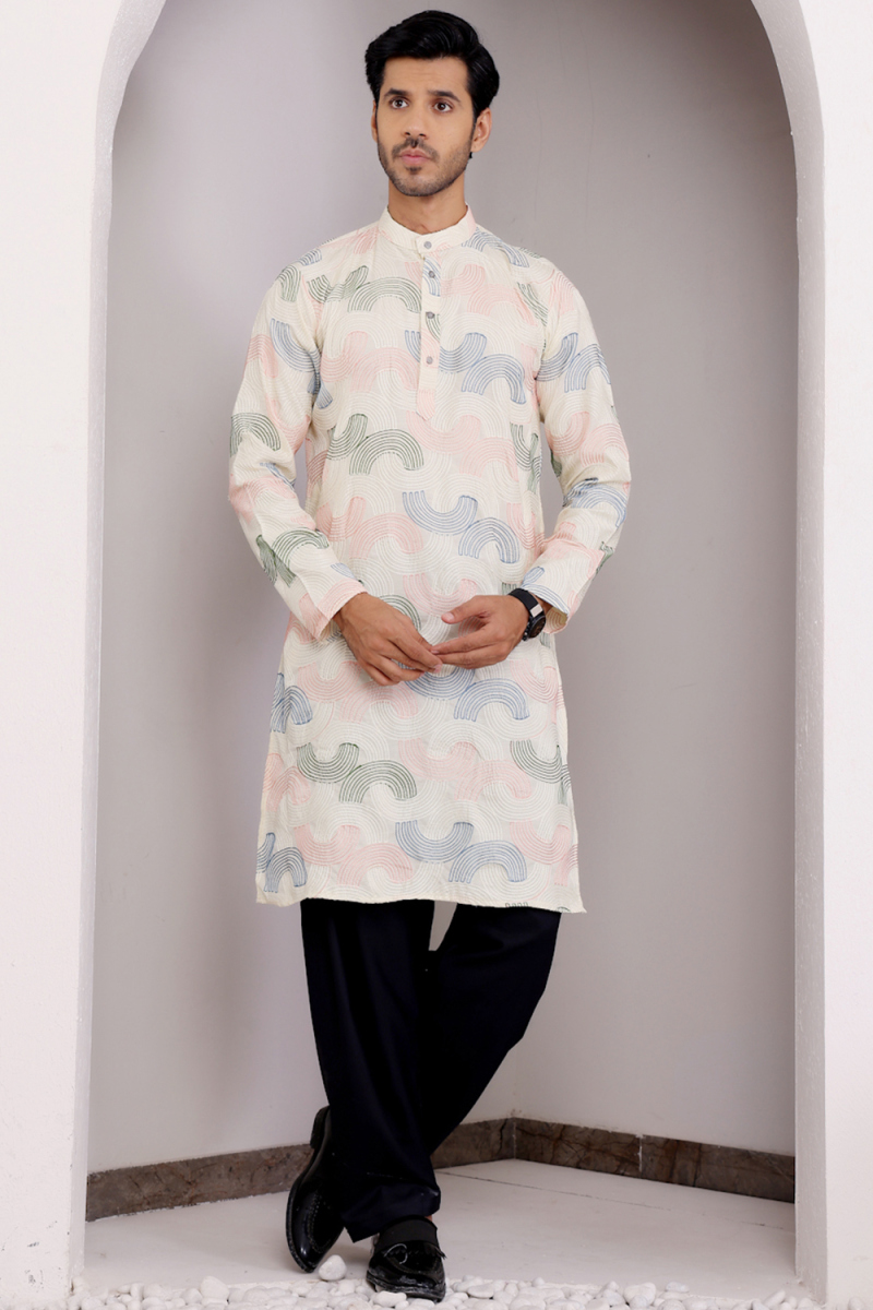 White Linen Embroidered Straight Cut Men's Kurta Pajama