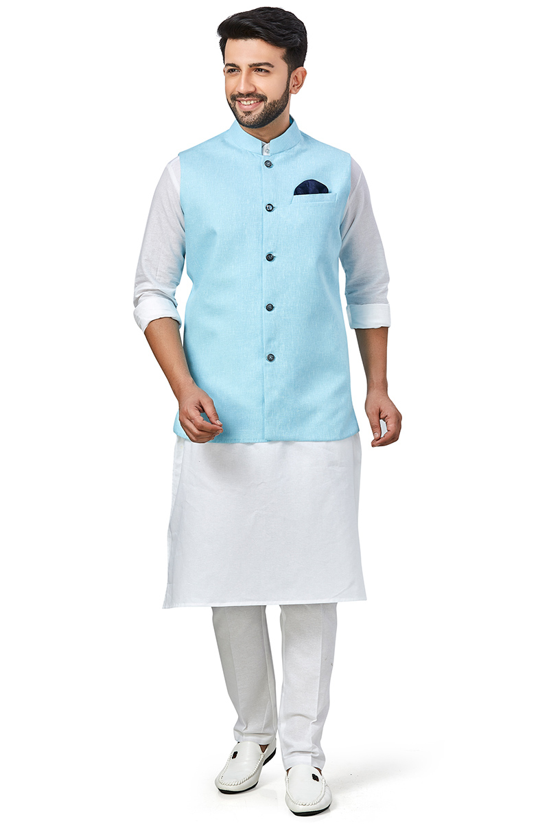 White Linen Plain Kurta Pajama With Sky Blue Waistcoat