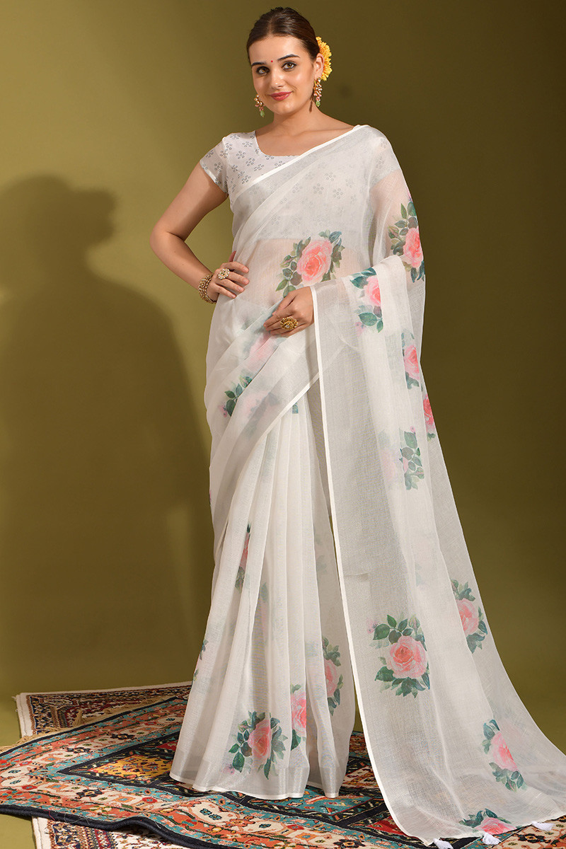 Top 122+ off white linen saree latest