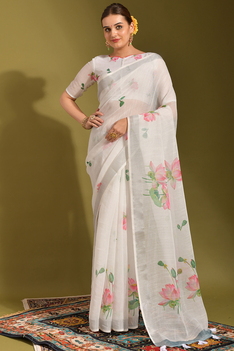 Wedding Party White Linen Printed Saree SARV144010
