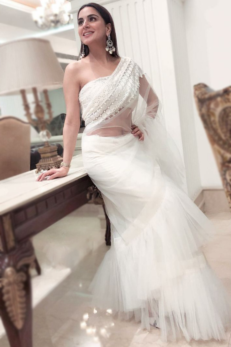 White Net Embroidered Party Wear Ruffle Saree