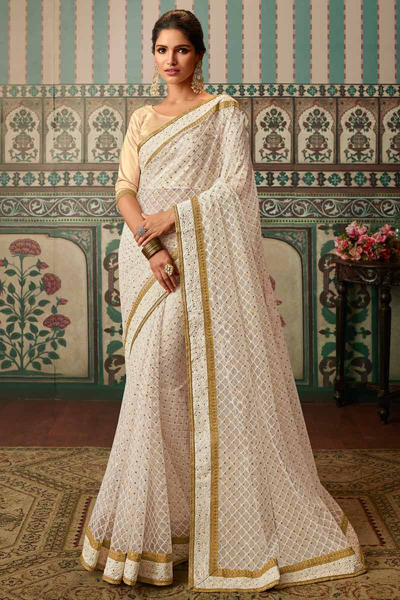 White color party wear Net Saree with Blouse –