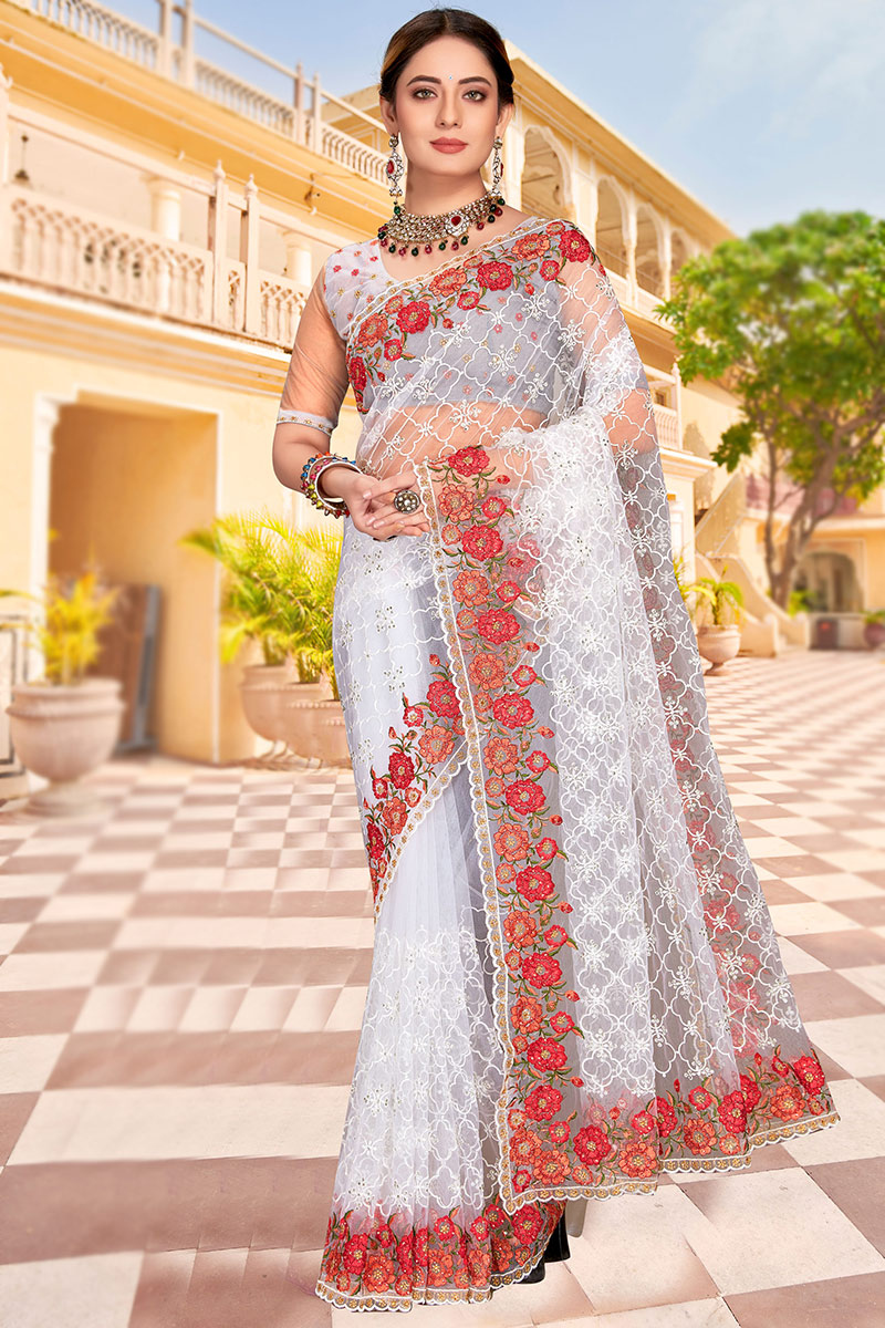 Stone Work White Saree in Net for Party 