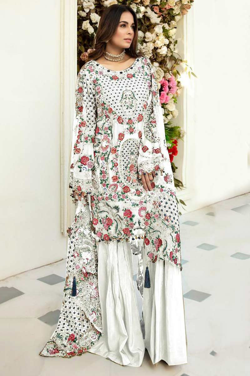 White Georgette Floral Embroidered Sharara Suit