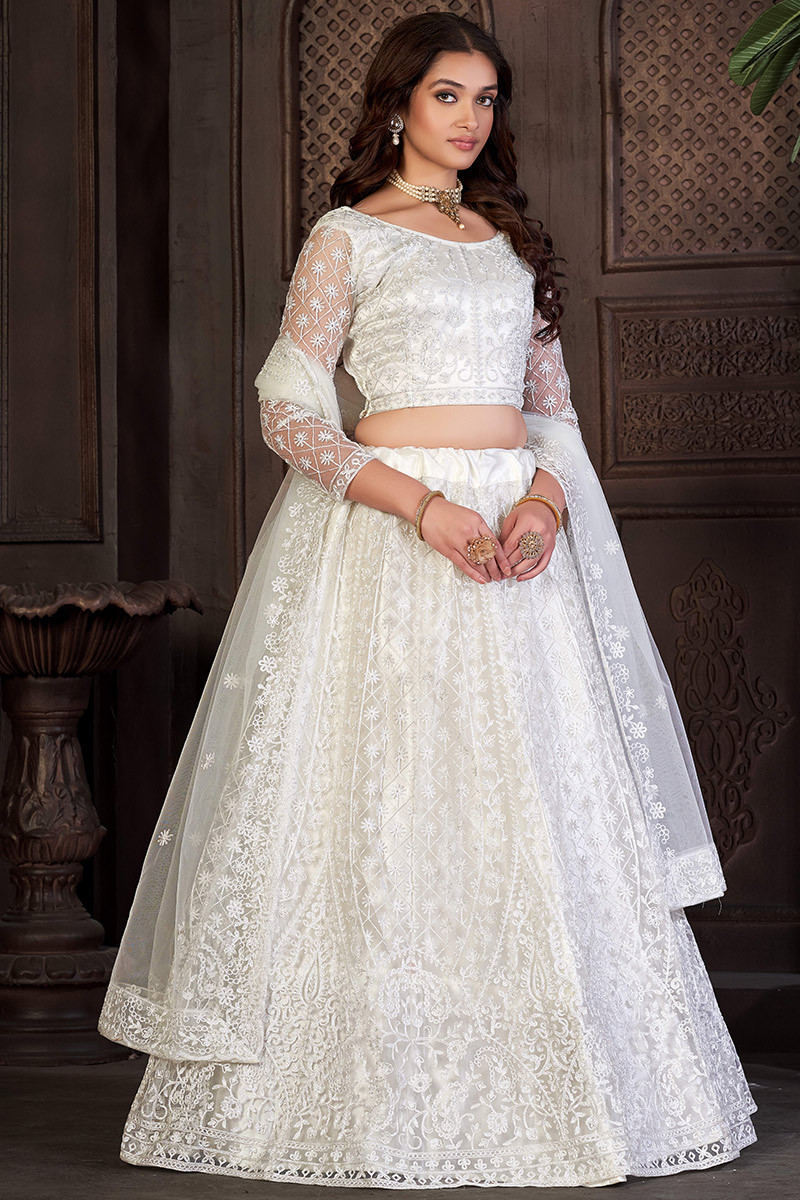 White Net Resham Embroidered Lehenga For Sangeet LLCV116720