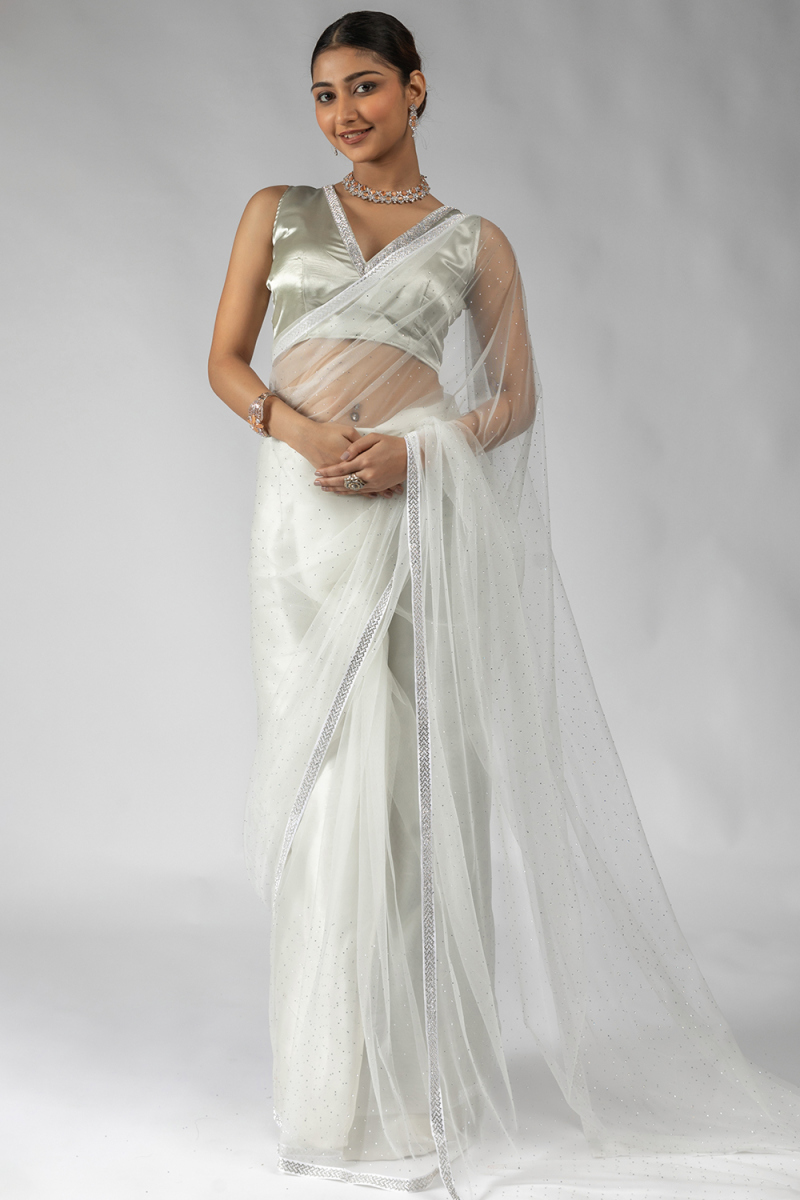 White Net Saree with Stone Work for Festival