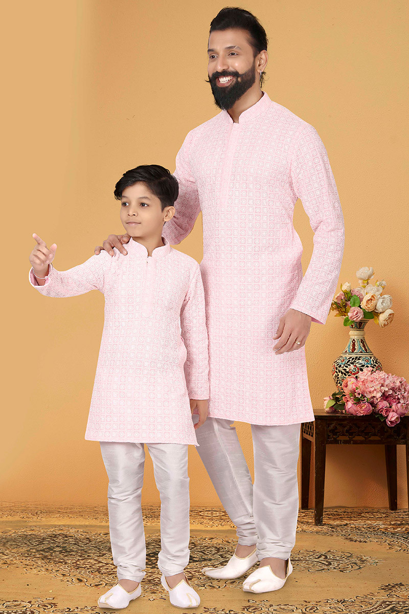 white pastel pink embroidered father son duo kurta pajama mkpa02237 1