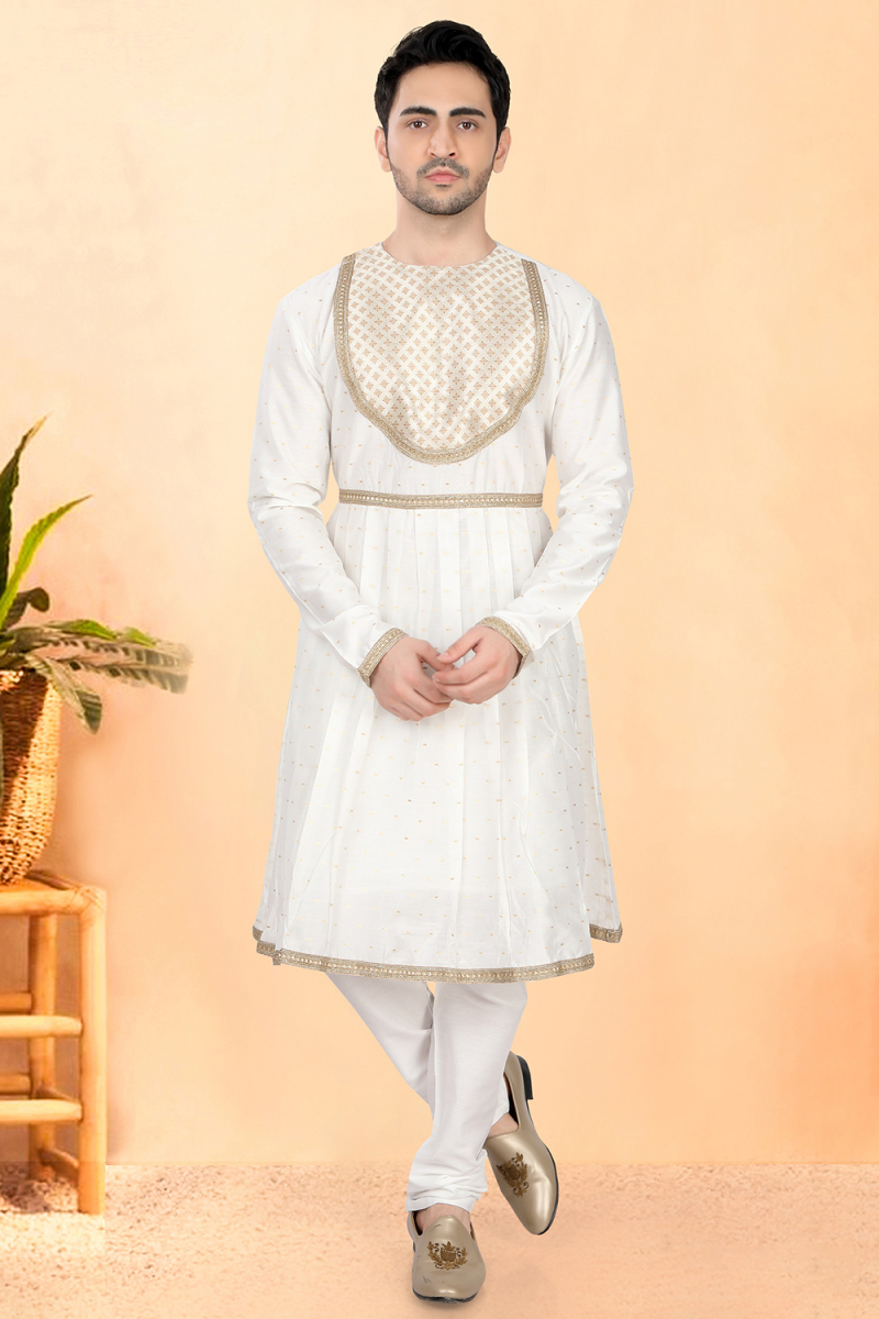 White Peshwai Style Men’s Kurta Churidar With Lace Work 