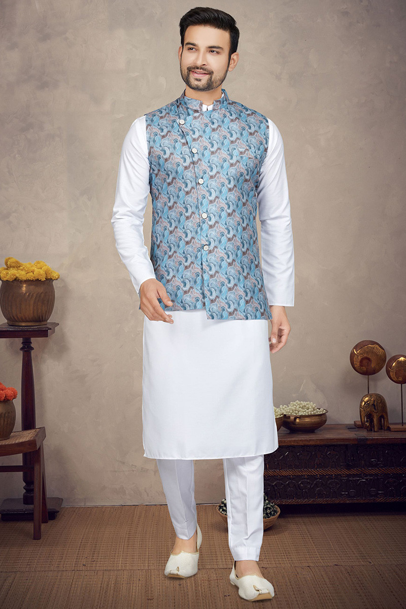 White Poly Cotton Printed Jacket Style Men s Kurta Pajama MKPA05451