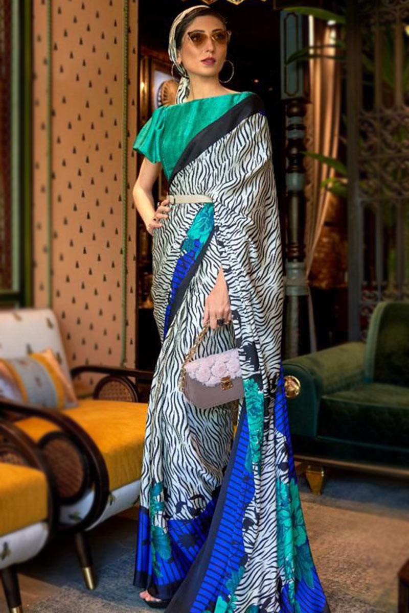 Green & White Designer Satin Crepe Printed Saree - Cloth