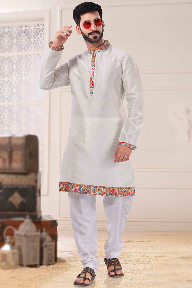 White Silk Churidar Men Kurta Pajama