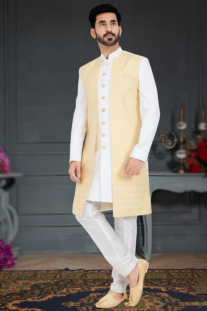 White Silk Men's Jacket Style Sherwani