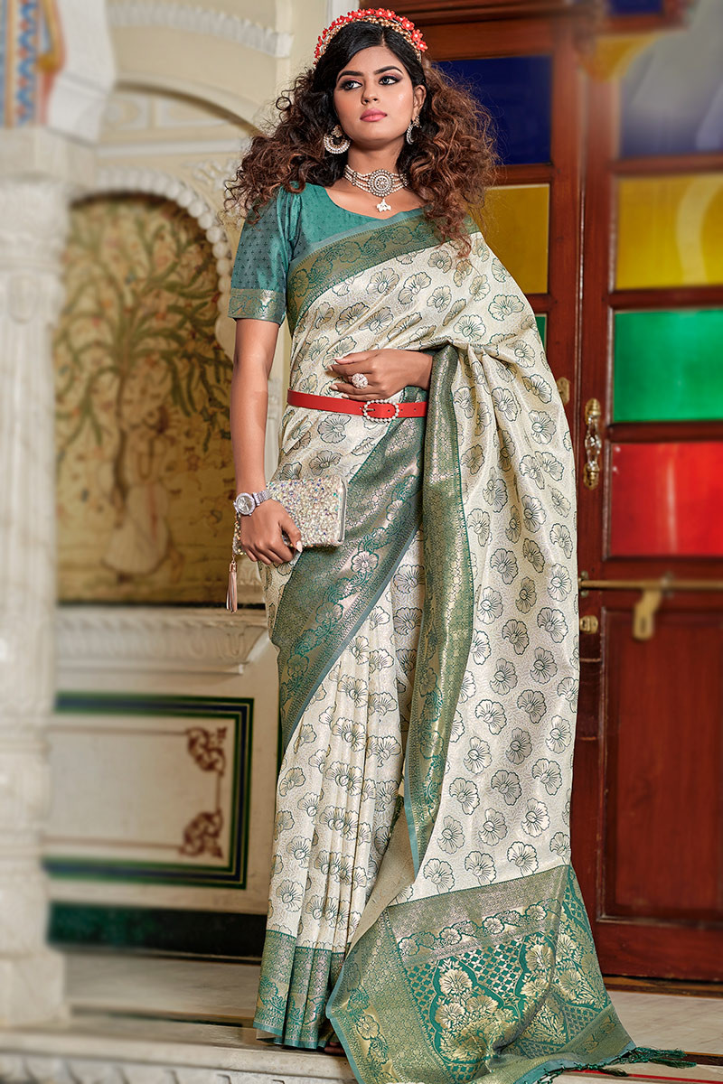 Woven Saree in Silk White for Wedding
