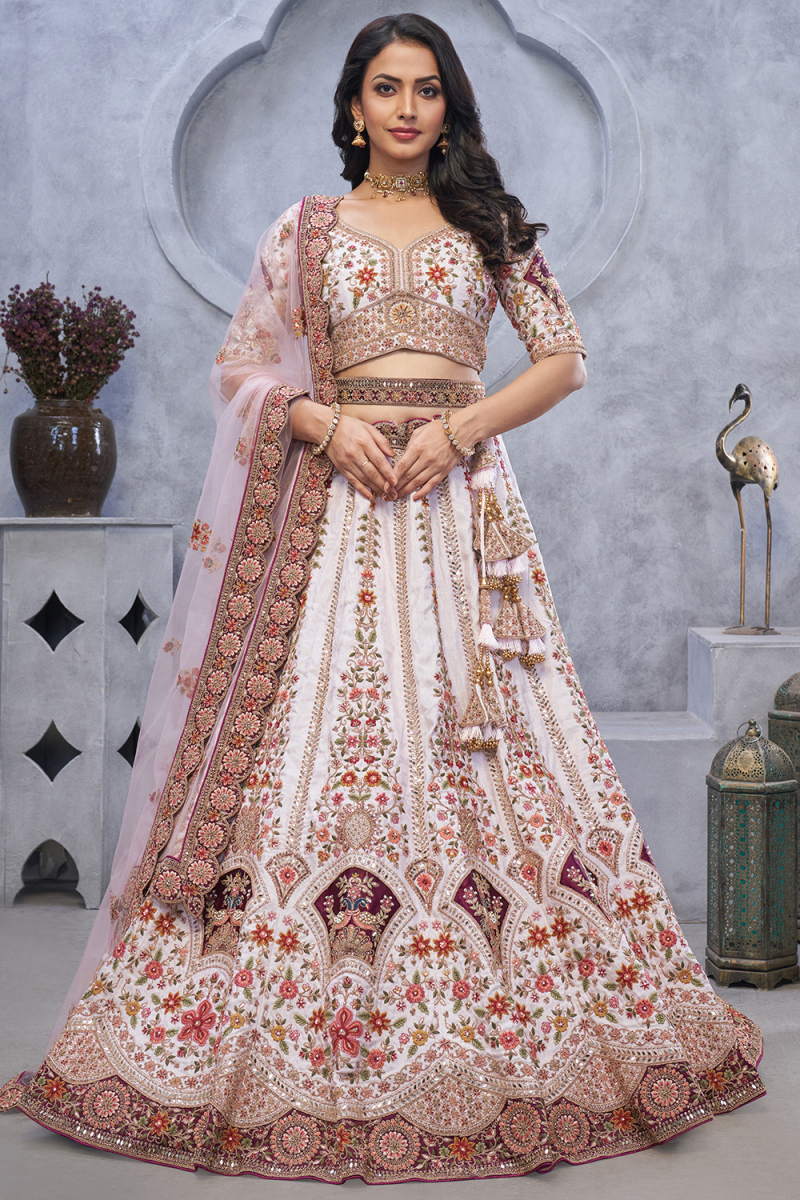 White Silk Zari Embroidered Panelled Style Lehenga 