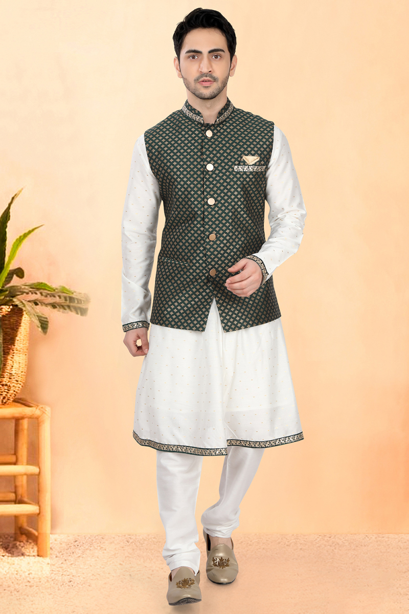 White Woven Zari Peshwai Style Kurta Churidar For Festival