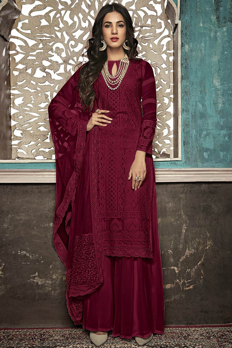 Buy Wine Color Georgette Palazzo Pant Suit With Lakhnavi Work