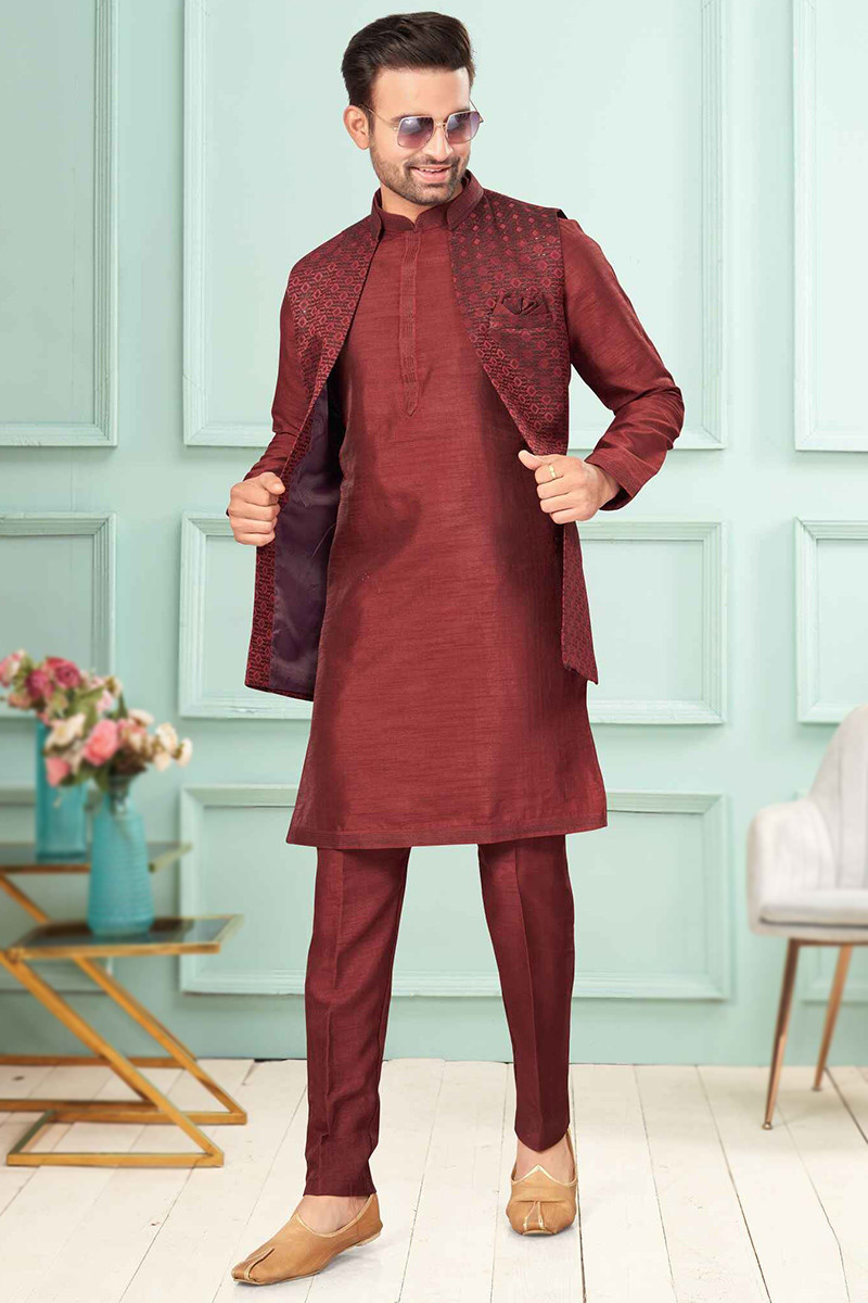 Maroon colour kurta pajama with jacket hot sale