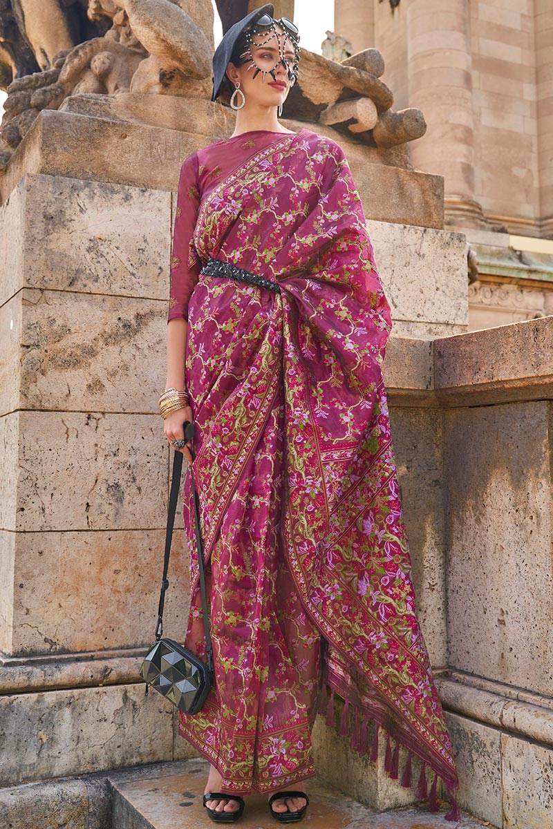 Wine Maroon Broad Border Organza Weaved Handloom Saree 