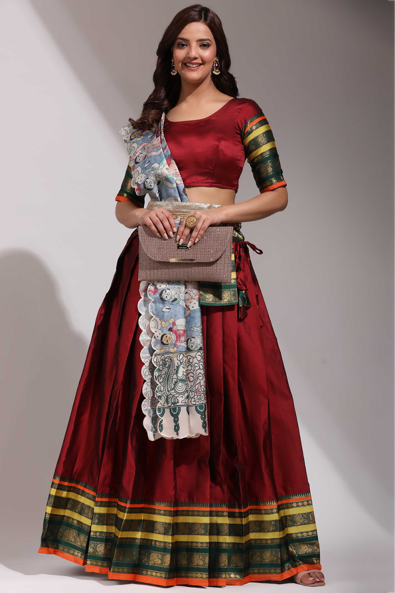 Wine Maroon Casual Wear Weaved Zari Silk Lehenga 