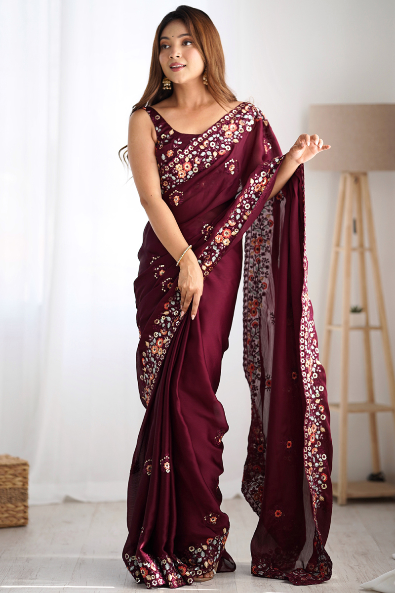 Wine Maroon Chiffon Saree With Resham Thread Work