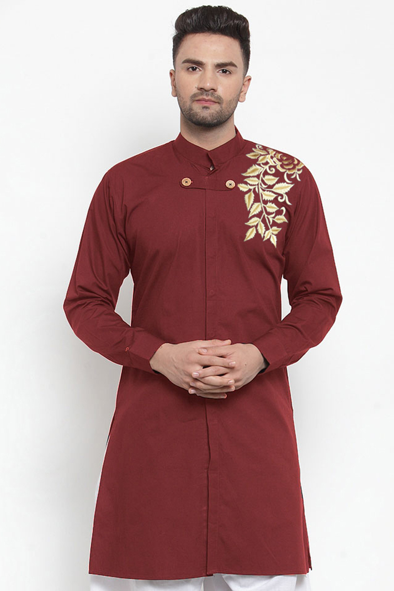 wine maroon Cotton-blend Fancy Men Kurta