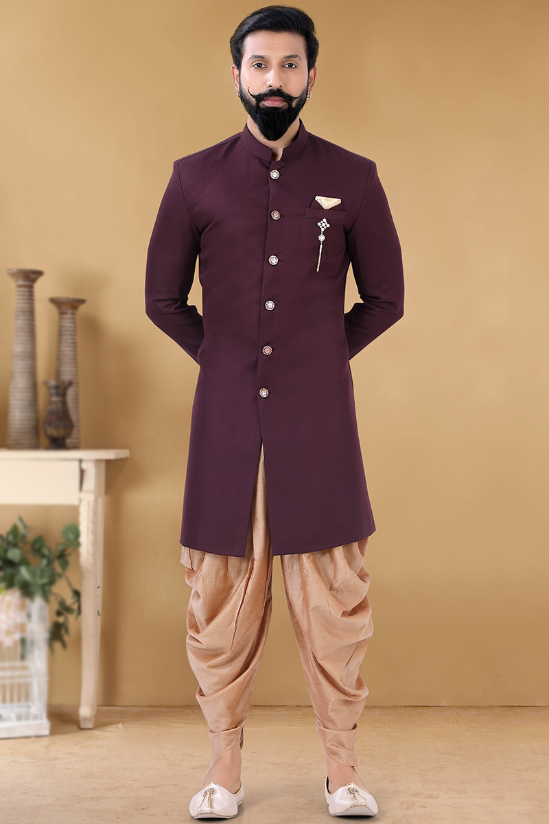 Wine Maroon Crepe Men s Sherwani With Dhoti MSTV01460